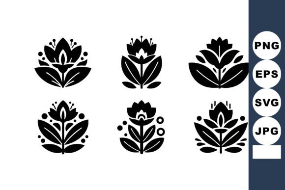 Floral Decorative Vector Icons with Blac: Graphics & Illustrations