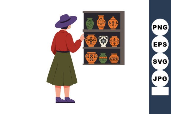 Woman Browsing Ceramic Pots Graphics & Illustrations