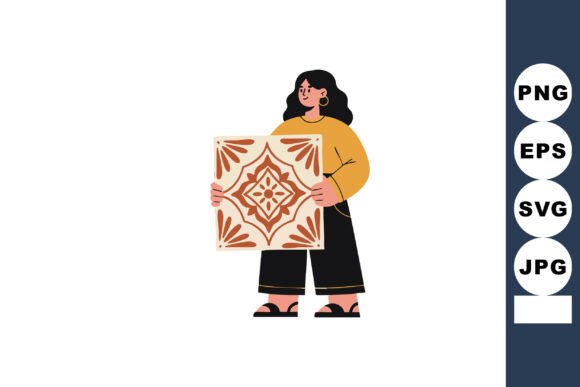 Woman Holding Decorative Tile Graphics & Illustrations